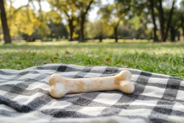 Artificial dog bone resting on checkered blanket in a sunny park setting surrounded by trees and greenery, Artificial dog bone on checkered blanket outdoors in sunny park