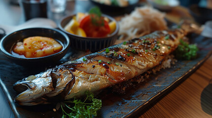 Beautiful grilled fish presented nicely with dippings and sauces