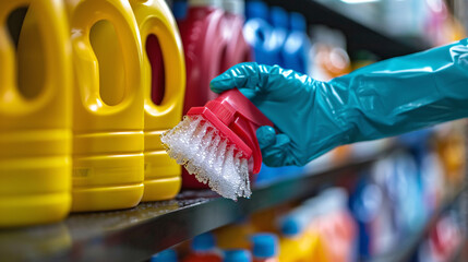 Cleaner holding a soapy brush and cleaning surfaces
