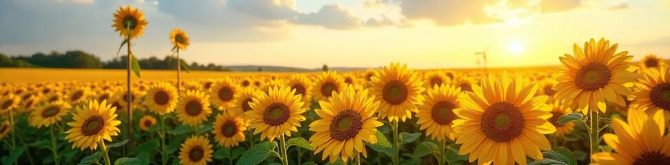 Obraz premium A vibrant sunflower field, beautifully decorated with colorful ribbons and whimsical windmills, bathed in golden sunlight Perfect for summer, harvest, and rural themes , beauty, vibrant, scenery