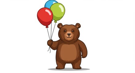 Fototapeta premium Happy Bear with Balloons - A cheerful brown bear holds three colorful balloons. Perfect for celebrations, children's themes, and joyful occasions