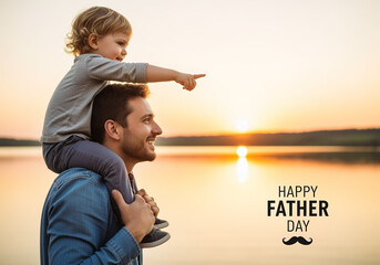 Happy father carrying his young child on shoulders pointing towards the beautiful golden sunset over a calm lake