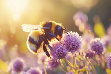 Bumblebee collecting flower nectar on a sunny day among vibrant blossoms, Bumblebee collects flower nectar at sunny day Bumble bee in macro shot in