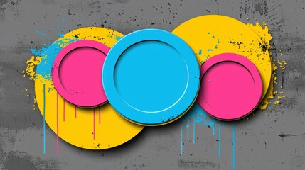 A vibrant abstract design featuring overlapping circles in pink, blue, and yellow, with splatters of paint and drips of ink.