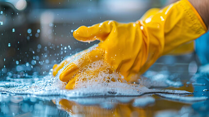 Commerical cleaning wearing gloves and cleaning