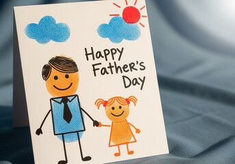 Happy Father's Day greeting card featuring fingerprint art of a father and daughter holding hands