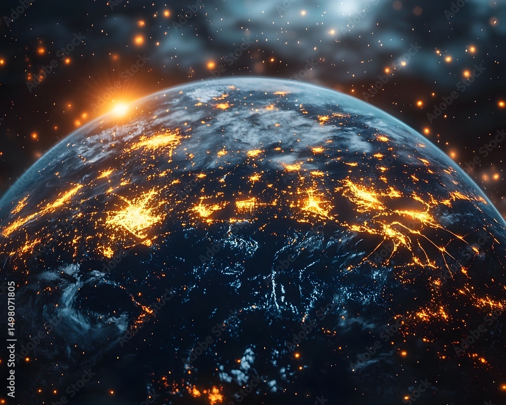 Poster a connected world planet earth illuminated by glowing data streams