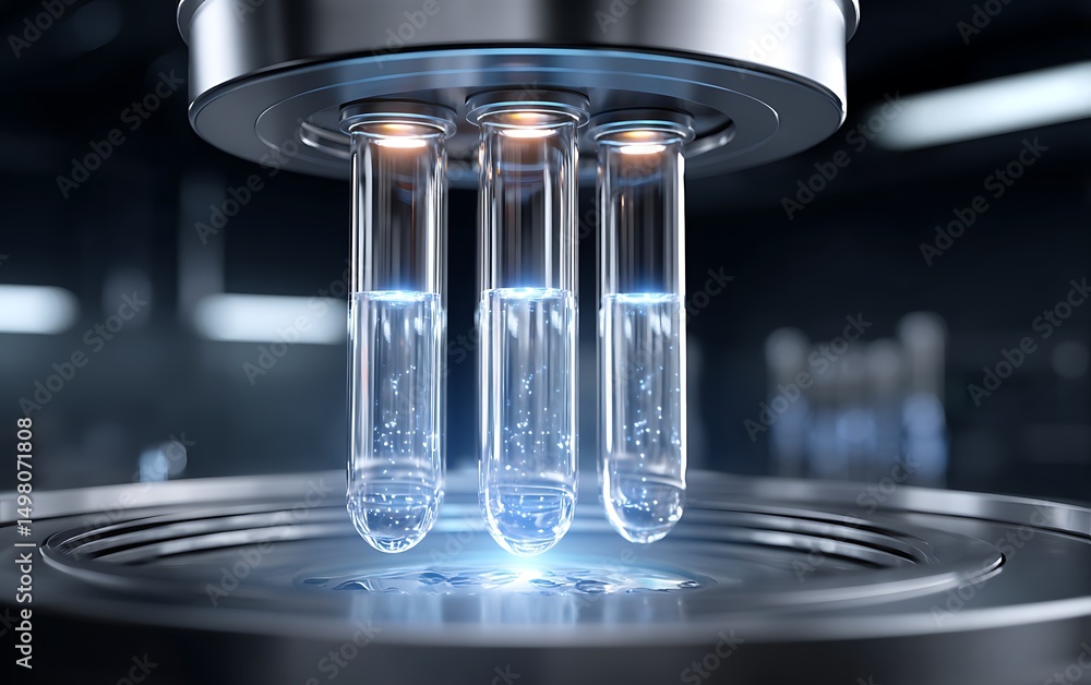 Poster realistic photo of test tubes in a centrifuge machine inside a sterile lab environment, strong contr