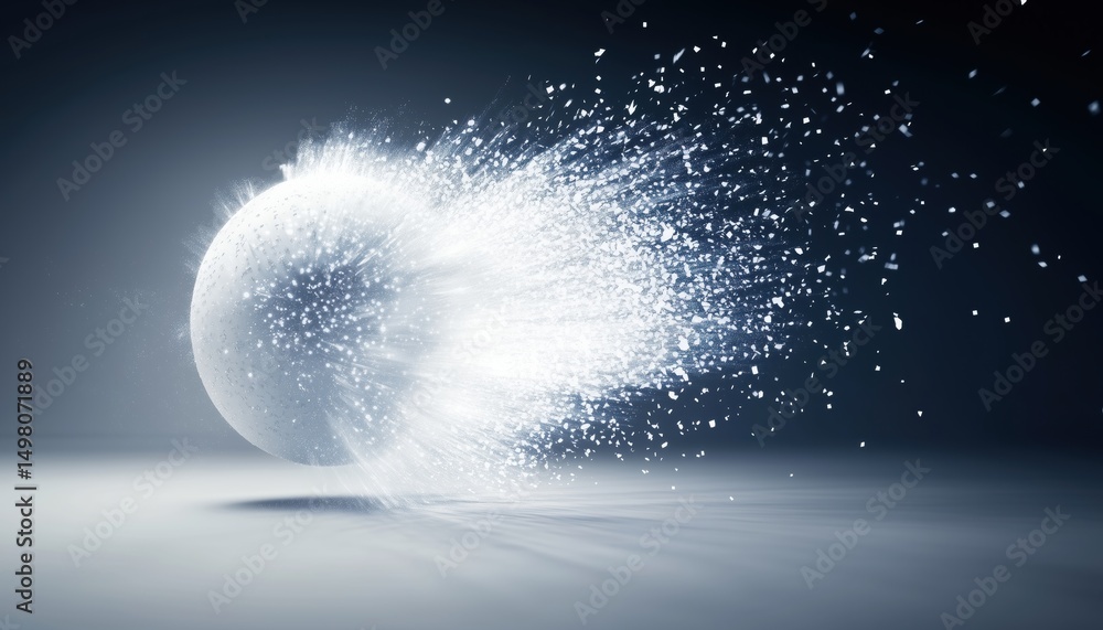 Poster white circular explosion of random rays and small circles emits from a moving sphere, resembling hig
