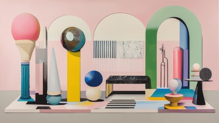 A modern art piece featuring a collection of geometric shapes and colors.