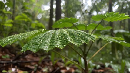 Close up of vibrant green leaf with water droplets in a lush forest environment on a cloudy day