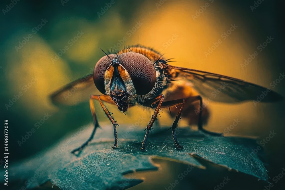 Poster hoverfly perched on a leaf during summer in the uk while engaging in preening activity, a hoverfly p