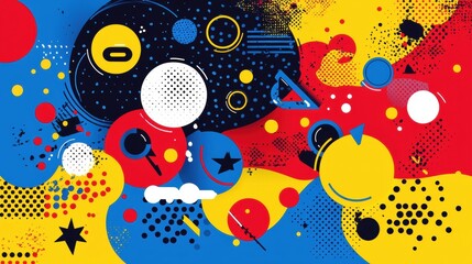 A vibrant abstract composition featuring bold geometric shapes and patterns in a riot of colors.