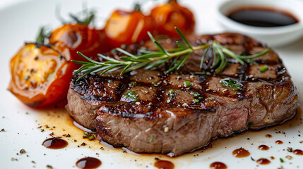 Juicy steak with tomatoe and green on a white plate