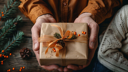 Man holding a wrapped gift box in a cozy room