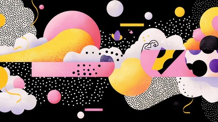 A vibrant abstract composition featuring geometric shapes, dots, and lines in a variety of colors.