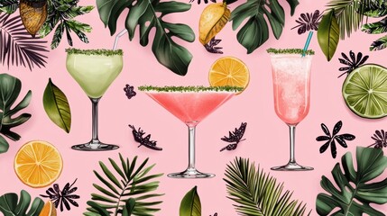 Tropical cocktails with garnishes and fruit slices.