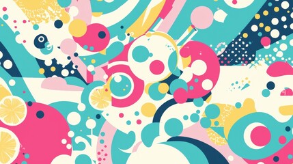 A vibrant abstract composition featuring a multitude of circles, squares, and triangles in a riot of colors.