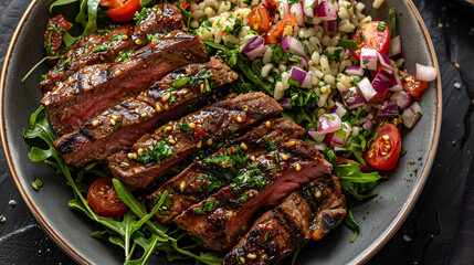 Steak dish with side salad plated beautifully