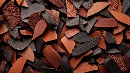 A pile of broken pieces of leather in various shades of brown and black.