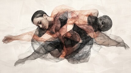 A digital artwork depicting a woman in a flowing dress, her body intertwined with a man's form, creating a sense of intimacy and connection.