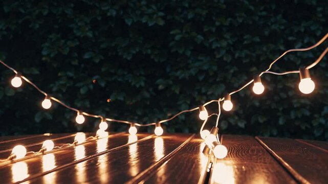 Glowing string lights on wooden surface with cozy ambient vibes