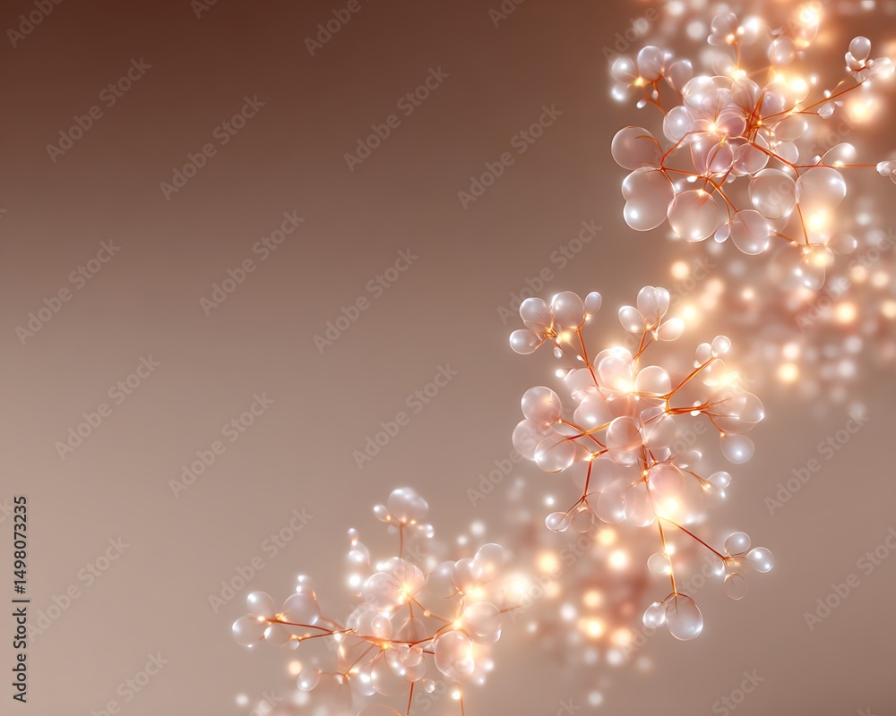 Poster soft glowing molecular cluster in bottom right corner on warm beige gradient background with wide ne