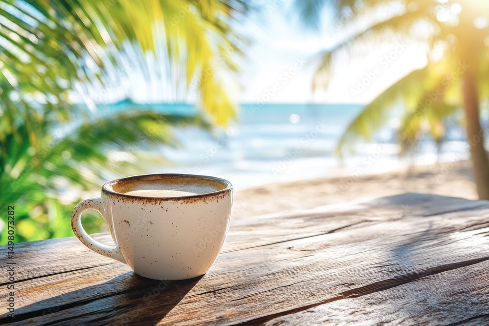 Poster enjoying coffee on a rustic table overlooking the serene sea and palm trees during a sunny day, coff