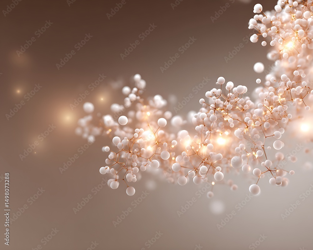 Aufkleber soft glowing molecular cluster in bottom right corner on warm beige gradient background with wide ne