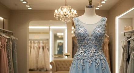 Obraz premium Light Blue Evening Gown Boutique Display - Elegant light blue tulle gown, intricate floral embroidery, mannequin display, soft lighting, boutique atmosphere. Symbolizing: elegance, sophistication