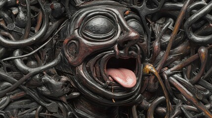 A sculpture of a face with a wide open mouth and tongue sticking out, surrounded by tangled black and brown wires.