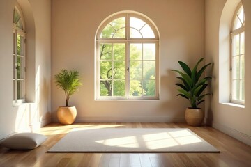 Fototapeta premium Serene meditation room bathed in soft, natural light Perfect for mindfulness, yoga, or spiritual practice Features calming decor and peaceful ambiance , meditation space, spiritual practice