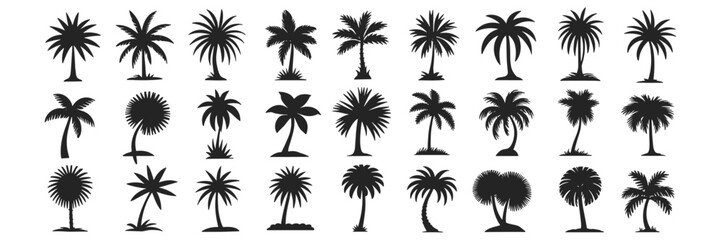 Palm tree silhouette vector collection. Tropical landscape elements ideal palm tree for exotic designs, nature illustrations, and beach theme projects (1).eps