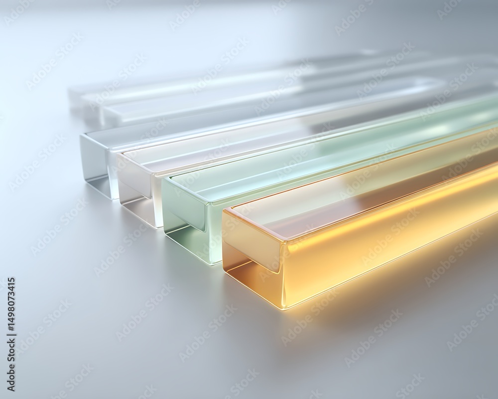 Poster stacked chromatography columns and tubes aligned on off-white surface with negative space,