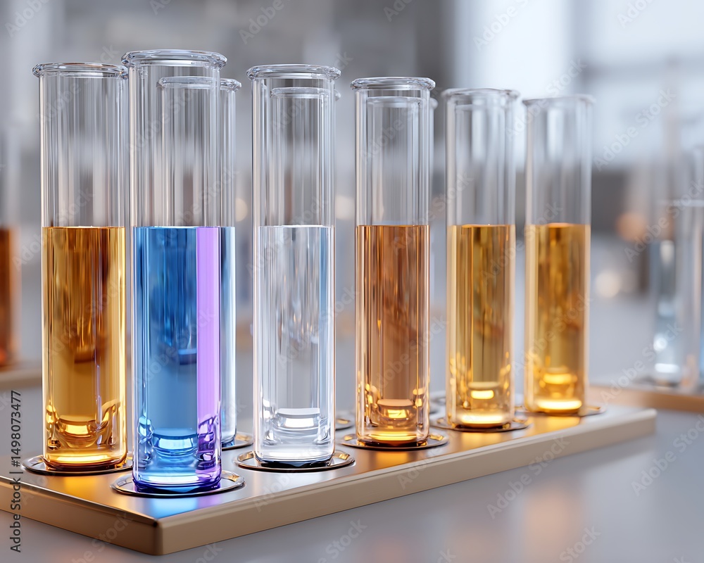 Poster stacked chromatography columns and tubes aligned on off-white surface with negative space,