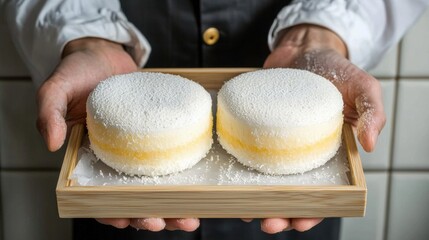 A man holding a tray with two round desserts.