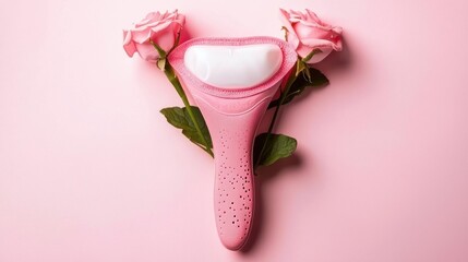 A pink feminine hygiene product with roses on a pink background.