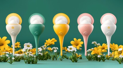 A 3D rendering of a hand fan with a yellow body and pink base, surrounded by yellow and white daisies.