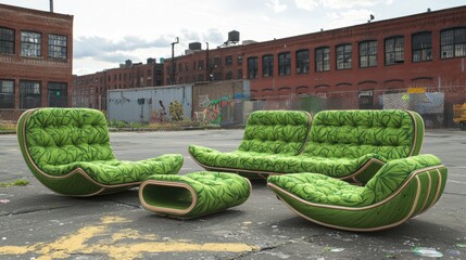 A green sofa and ottoman with a tropical leaf pattern.