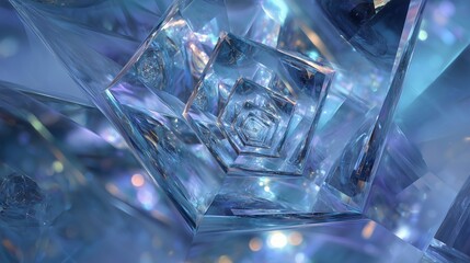 Reflective glass fractals fold inward infinitely with layered refractions