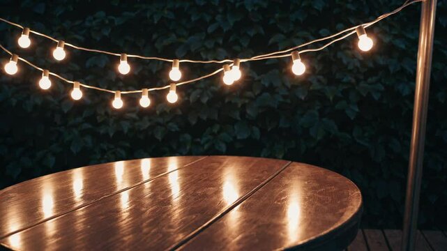 Warm evening ambiance with glowing string lights and rustic wooden table