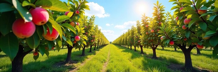 Fototapeta premium Sun-drenched peach orchard bursting with ripe, juicy fruit ready for harvest Rows of trees laden with fragrant, blushing peaches under a clear blue sky , farming, crop