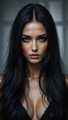 Naklejka premium intense close-up portrait of a beautiful woman with long black hair and striking features 