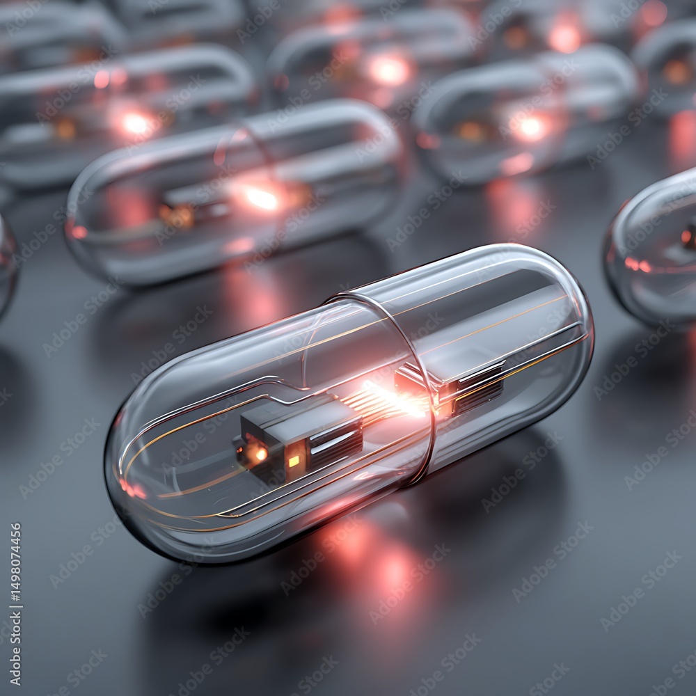 Poster studio render of transparent medical capsules with microchips inside, aligned in rows on a reflectiv