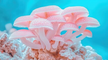 Pink mushrooms with white spots on a coral reef.