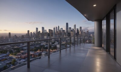 Obraz premium Sleek city skyline view from modern condo balcony, architecture, decor