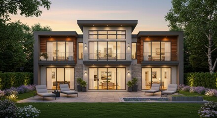 Modern Luxury Home Exterior Design - Stunning contemporary house exterior at dusk, showcasing sleek design, large windows, and backyard pool