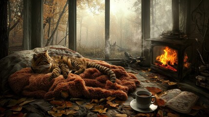 A cat lounges on a blanket in front of a roaring fire, with a cup of coffee and an open book nearby.