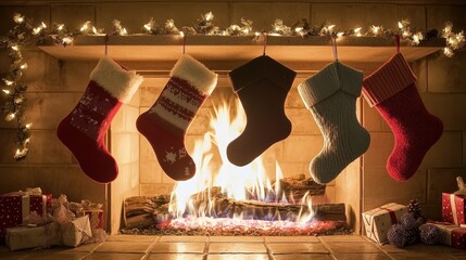 A cozy fireplace with a warm fire and festive stockings.