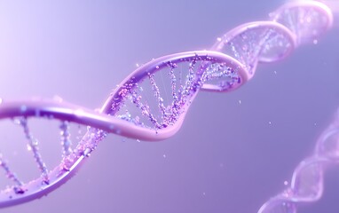 Stylized DNA strand floating in lower left corner on solid soft lavender background with wide empty space,